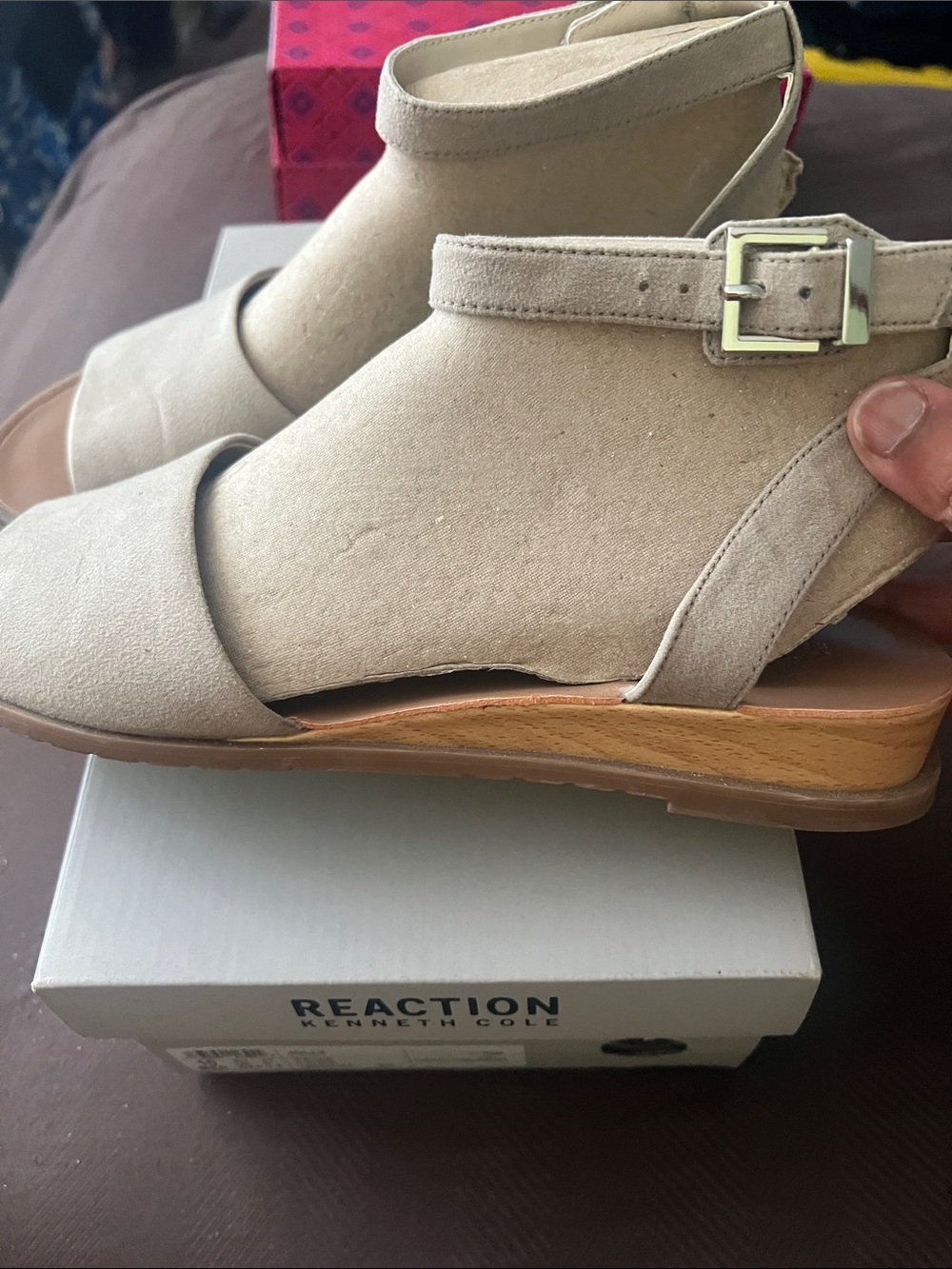 Kenneth Cole Reaction Taupe Ankle-Strap Wedge Sandals